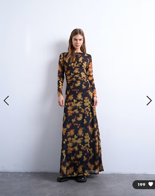 Topshop blurred floral print long sleeve maxi dress in black