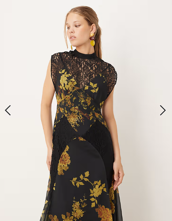 ASOS DESIGN seamed high neck lace detail midi dress in dark yellow floral print