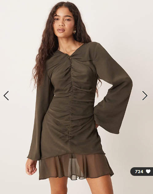 ASOS DESIGN mini dress with ruched bodice in dark olive