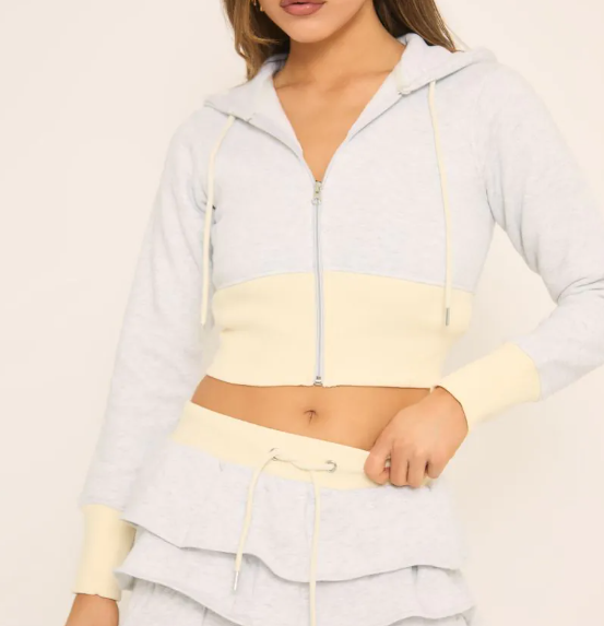Long Sleeve Contrast Detail Cropped Zip Up Hoodie In Grey