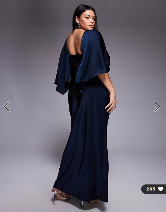 ASOS DESIGN Curve satin ruffle cape sleeve maxi dress with open back detail and high split in navy
