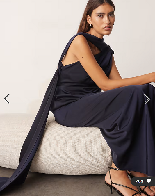 ARRANGE scarf neck draped maxi dress with low back and train in navy