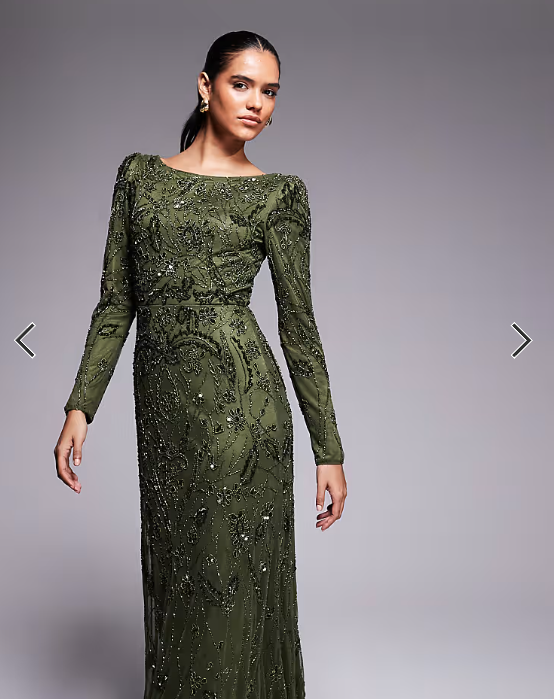 Beauut fully embellished beaded mesh overlay slash neck maxi dress in green
