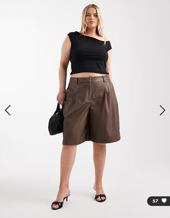 ASOS DESIGN Curve leather look longline pleat front safari shorts in brown