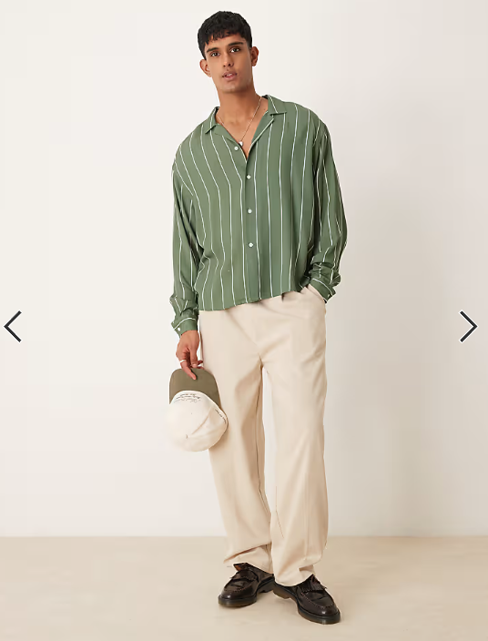 ASOS DESIGN oversized boxy revere shirt in green stripe