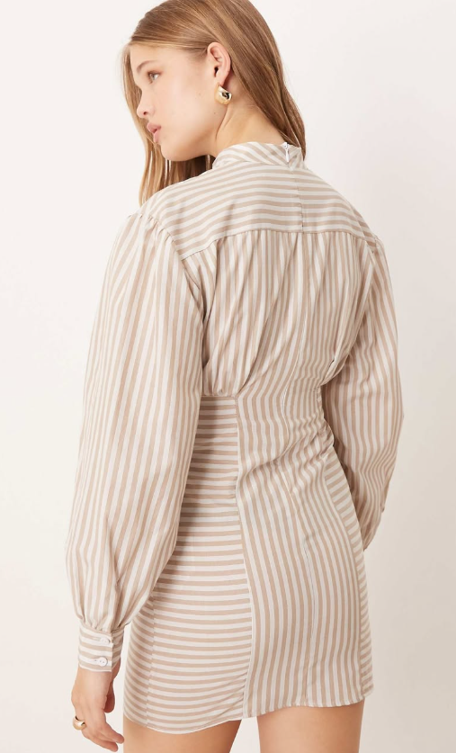 Asos -high neck poplin mini dress with pleated waist in stripe print