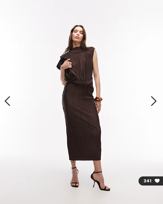 ASOS DESIGN plisse slash neck pencil midi dress with twist waist detail in chocolate