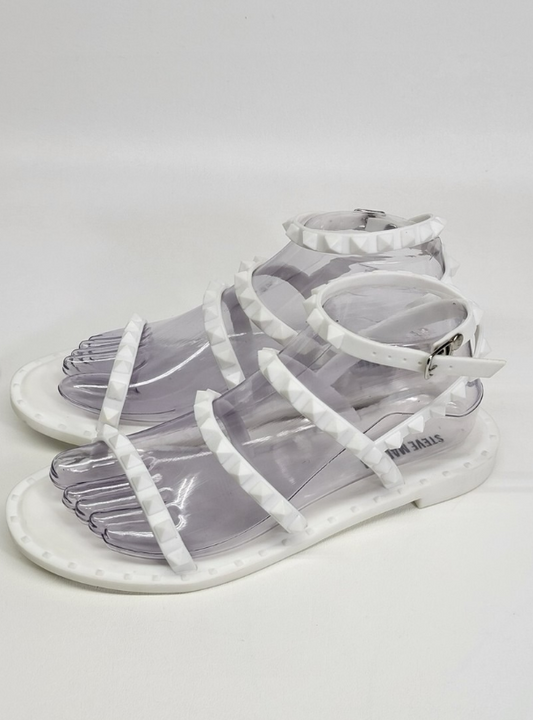 STEVE MADDEN White Jelly Gladiator Travel-j Round Toe Sandals