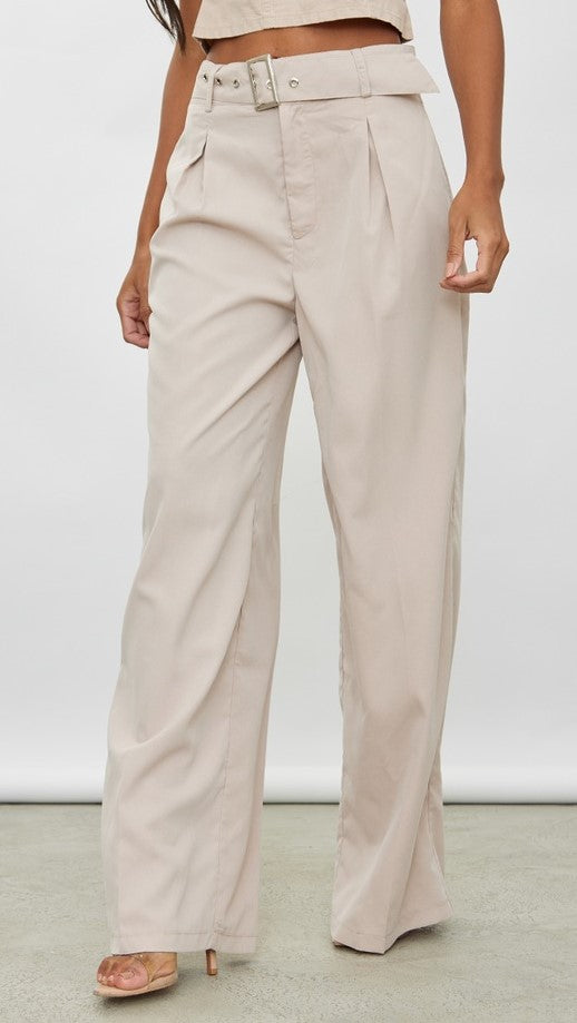 Stone Woven Belted Wide Leg Tailored Pants