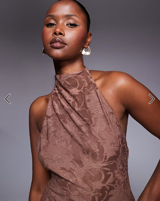 ASOS DESIGN highneck maxi dress with sheer skirt in brown