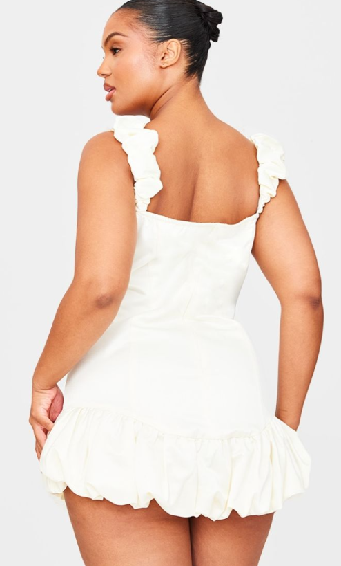 White Satin Bardot Puff Hem Bodycon Dress