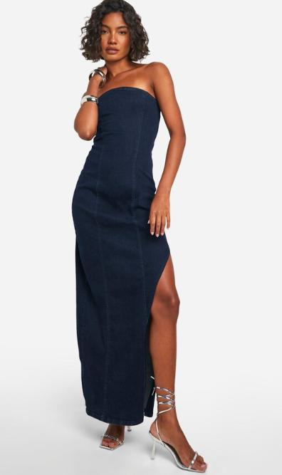 boohoo Tall Bandeau High Leg Split Denim Maxi Dress