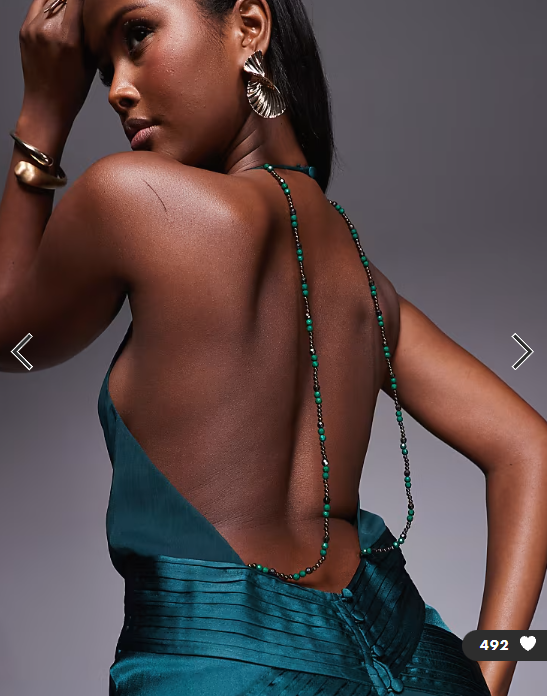 ASOS DESIGN halter wrap godet semi sheer panelled maxi dress with beaded straps in green