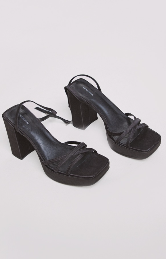 Black Satin Cross Multi Strap Slight Platform High Block Heeled Sandals