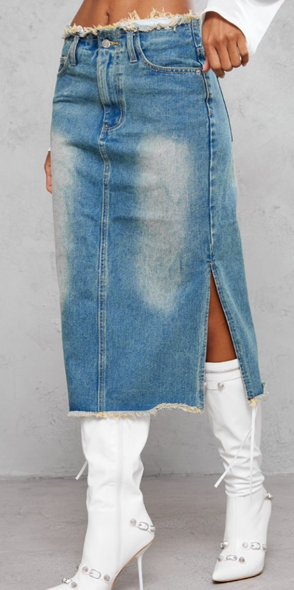 Vintage Wash Side Split Raw Hem Denim Midi Skirt