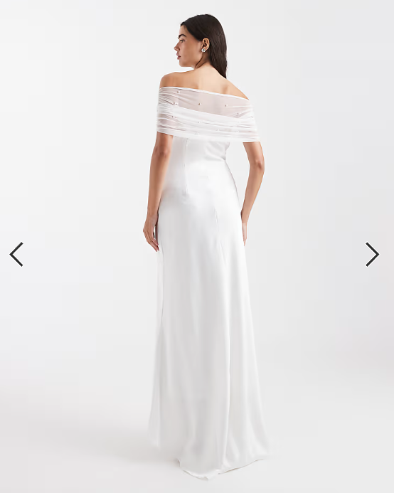 Six Stories Bridal off the shoulder embellished asymmetric hem midi dress in white