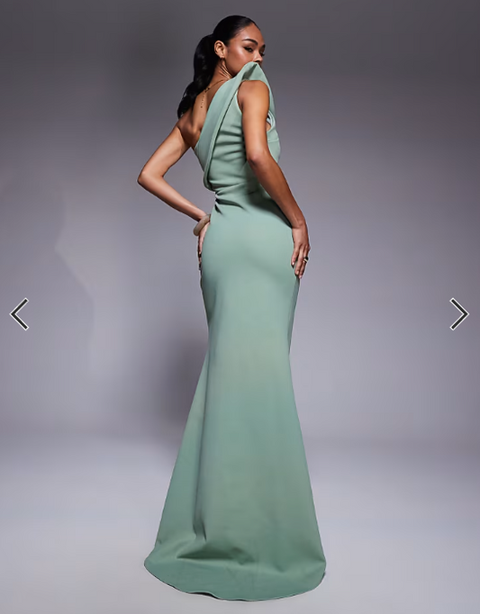 ASOS DESIGN Premium maxi dress with exaggerated sharp neckline in sage green scuba-style fabric