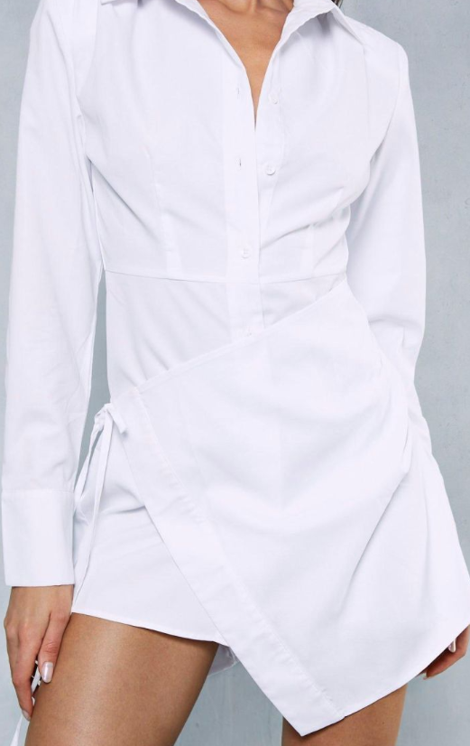 Poplin Wrap Skirt Shoulder Pad Long Sleeve Shirt Dress