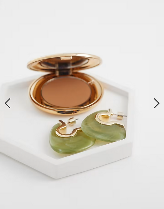 ASOS DESIGN half hoop earrings with green resin design in gold tone