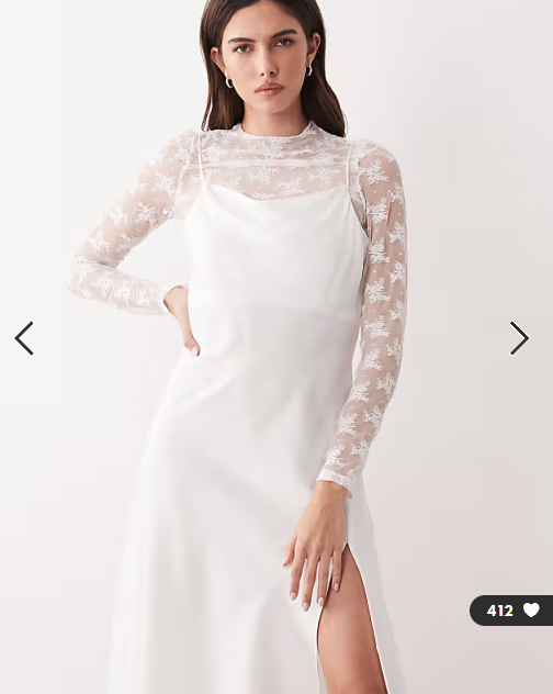 YAS long sleeve lace underlay cami satin dress in gardenia white