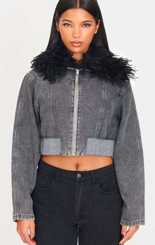 Plt - Grey Faux Fur Collar Zip Up Denim Bomber Jacket