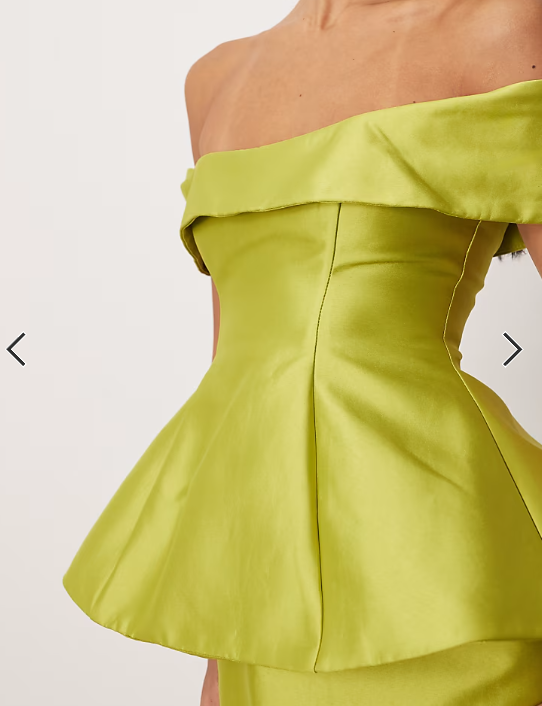 ARRANGE structured off the shoulder satin maxi dress in lime