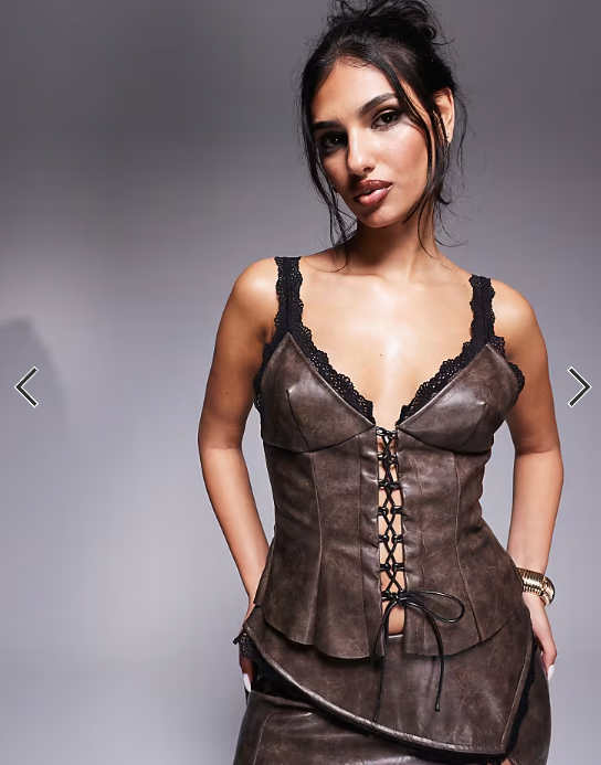 Murci exclusive distressed leather look lace up top co-ord in brown