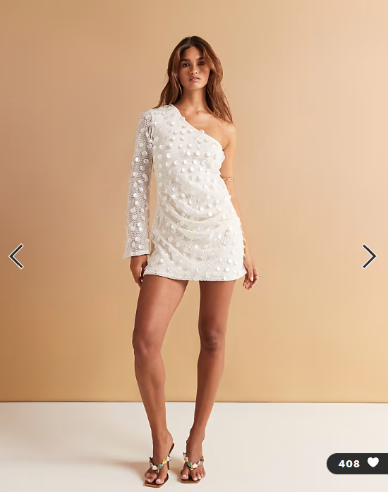 ASOS DESIGN one sleeve pearl sequin crochet mini dress in cream