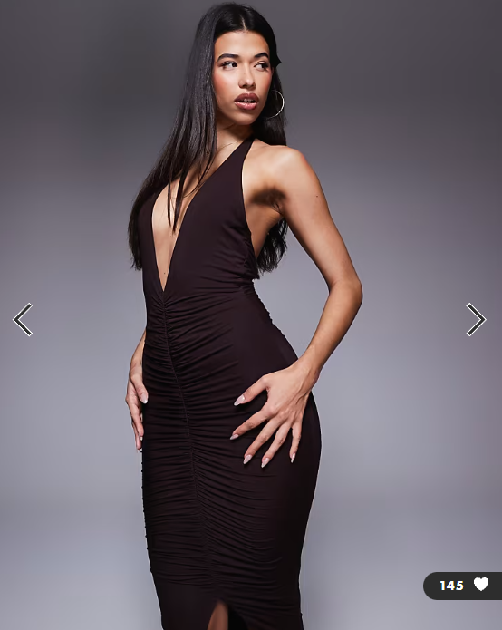 Wanderdoll sculpting second skin halterneck plunge ruched front split sleeveless maxi dress in chocolate