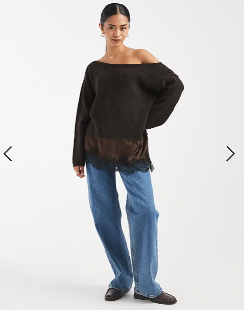 Miss Selfridge fluffy asym jumper with contrast satin lace hem in chocolate