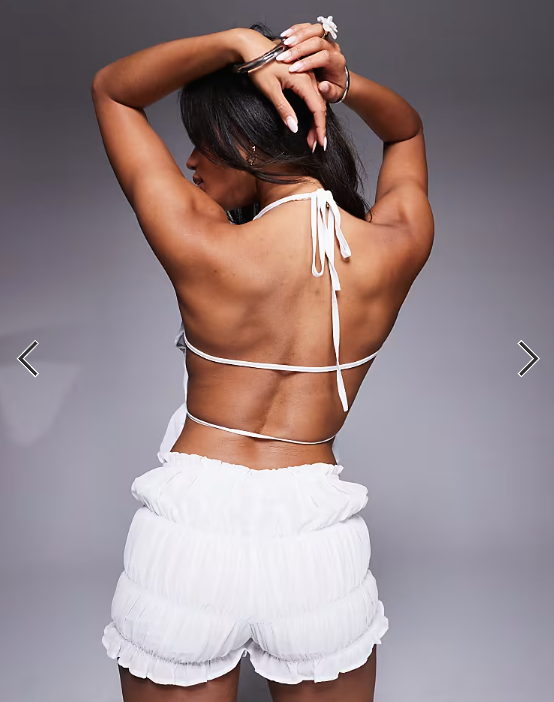 Missyempire ruched ruffle detail halterneck open back top co-ord in white