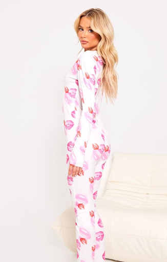 White Lips Print Long Sleeve Onesie