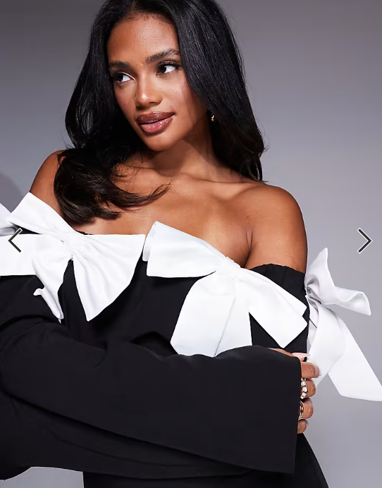 ASOS LUXE satin bow off shoulder jumpsuit in black contrast