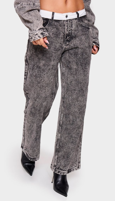 Petite Washed Grey Contrast Waistband Denim Jeans
