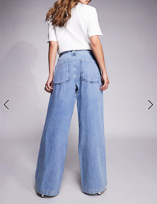 Good American lite linen denim pants in mid blue