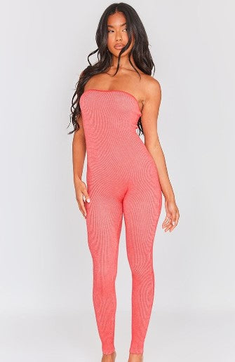 Pink Two Tone Knit Bandeau Jumpsuit