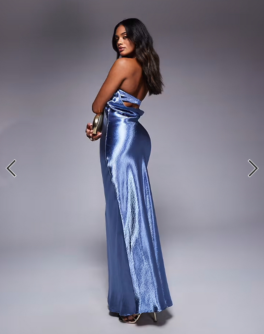 Aria Cove hammered satin bandeau open back maxi dress in blue