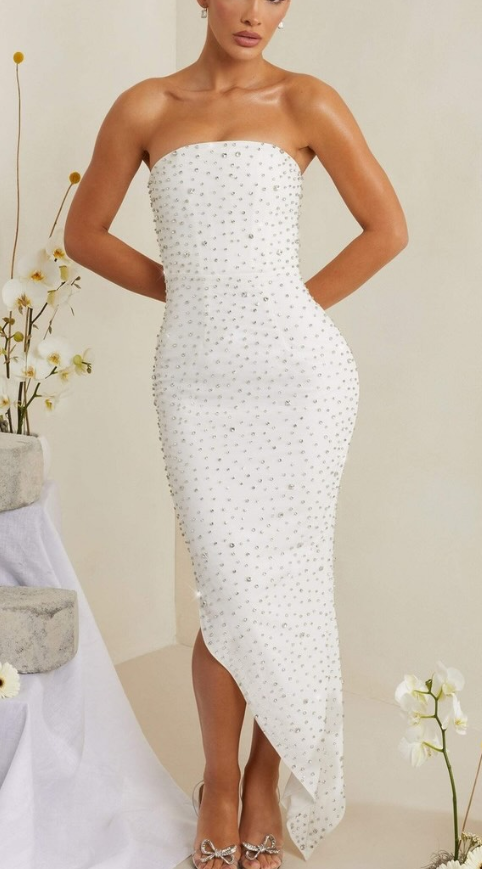 OhPolly- Embellished Asymmetric Midi Dress in White