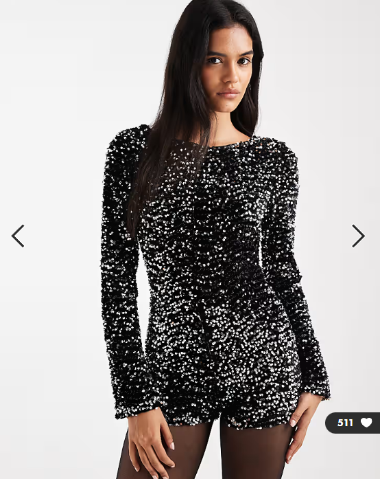 ASOS DESIGN velvet sequin long sleeve playsuit in silver