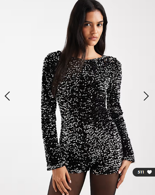 ASOS DESIGN velvet sequin long sleeve playsuit in silver