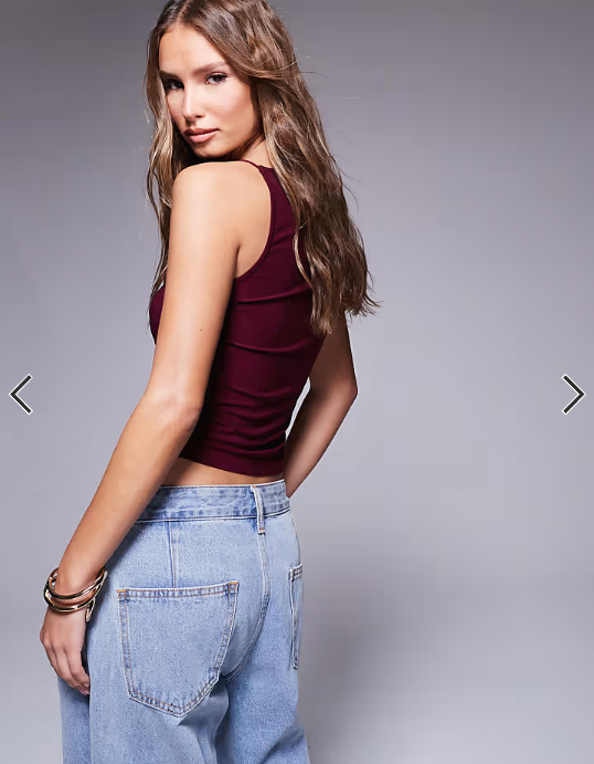 ASOS DESIGN slinky 90's boat neck strappy top in burgundy
