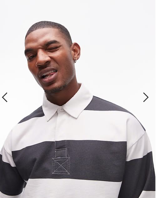 Topman relaxed fit striped polo shirt with woven collar in charcoal