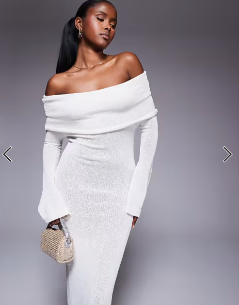 Aria Cove textured boucle knit bardot foldover maxi dress in cream