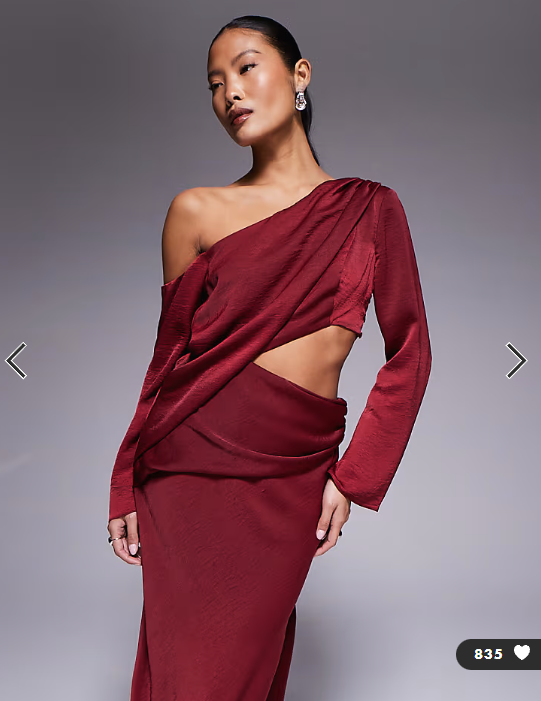 ASOS DESIGN Petite fallen shoulder maxi dress with cutout waist in burgundy