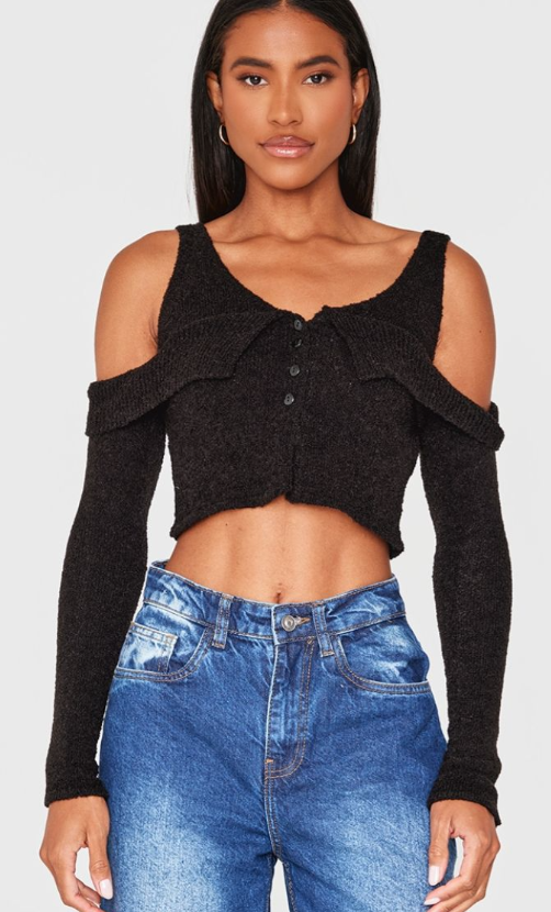 Black Boucle Knit Cold Shoulder Button Up Top