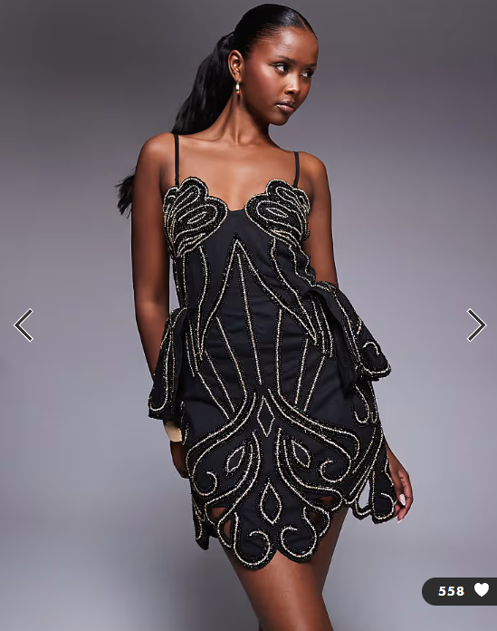 ASOS LUXE embellished mini dress with sculpted detail and cutwork in black and gold