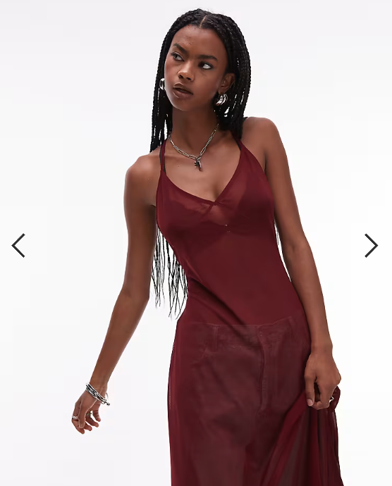 ASOS DESIGN sheer mesh maxi slip dress in burgundy