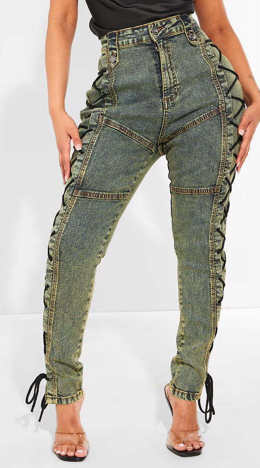 Shape Green Washed Denim Lace Up Skinny Jeans