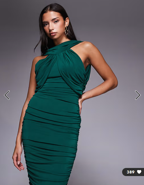 TFNC slinky high neck ruched detail open back midi dress in emerald