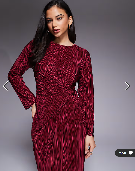 ASOS DESIGN plisse long sleeve wrap tie waist maxi dress in wine
